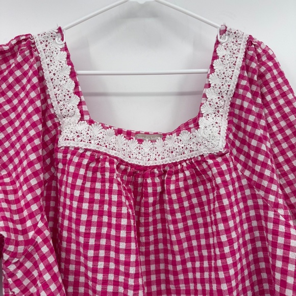 Woman Within Top Women 3X Pink Gingham Cottage Embroidered 3/4 Sleeves Square - Picture 6 of 13